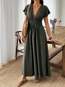EMERY ROSE Women Sexy Deep V-Neck Long Dress, Summer - Army Green - View 6