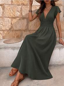 EMERY ROSE Women Sexy Deep V-Neck Long Dress, Summer - Army Green - View 3