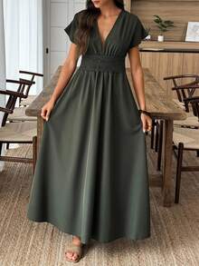 EMERY ROSE Women Sexy Deep V-Neck Long Dress, Summer - Army Green - View 5