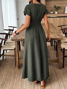 EMERY ROSE Women Sexy Deep V-Neck Long Dress, Summer - Army Green - View 2