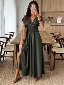 EMERY ROSE Women Sexy Deep V-Neck Long Dress, Summer - Army Green - View 1