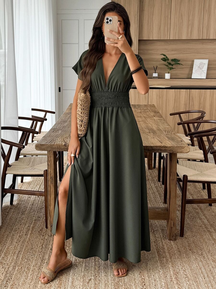 EMERY ROSE Women Sexy Deep V-Neck Long Dress, Summer - Army Green - View 1