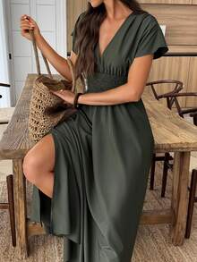 EMERY ROSE Women Sexy Deep V-Neck Long Dress, Summer - Army Green - View 4