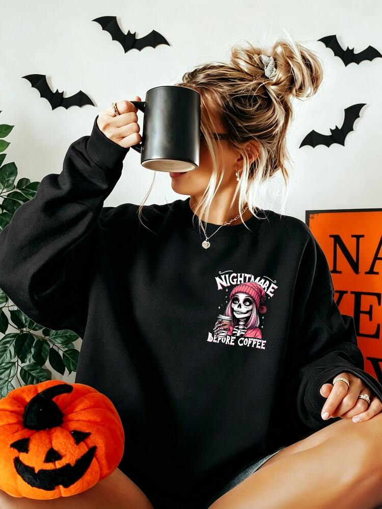 EMERY ROSE Women Crew Neck Long‑Sleeve Sweatshirt, Front & Back Nightmare Before Coffee Skeleton Coffee Graphic Drop Shoulder Loose Pullover, VintageHalloweenY2K - Black - View 2