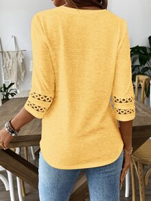EMERY ROSE Camiseta de color liso con dobladillo curvo, primavera otoño - Mostaza Amarilla - Ver 2