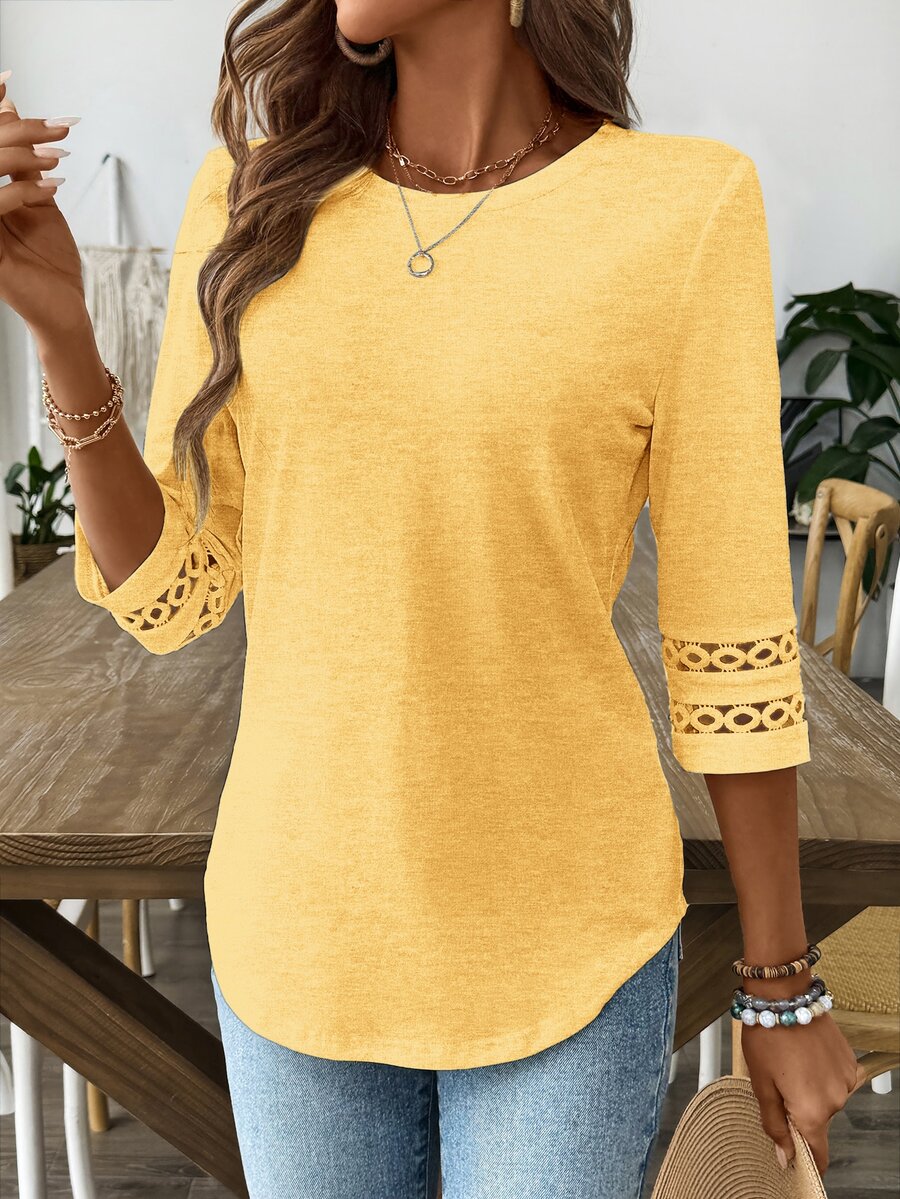 EMERY ROSE Camiseta de color liso con dobladillo curvo, primavera otoño - Mostaza Amarilla - Ver 1
