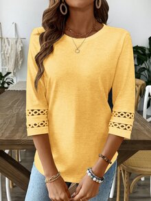 EMERY ROSE Camiseta de color liso con dobladillo curvo, primavera otoño - Mostaza Amarilla - Ver 6