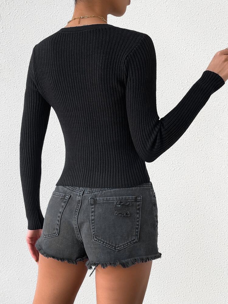 EMERY ROSE Women's Casual Solid Color Knit Ribbed Cardigan - Black - View 2