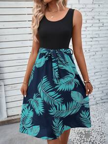 EMERY ROSE Women's Sleeveless Patchwork Bohemian Tropical Casual Holiday Leaf Print A-Line Short Dress Vacation Beach Black Summer - Royal Blue - View 9