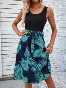 EMERY ROSE Women's Sleeveless Patchwork Bohemian Tropical Casual Holiday Leaf Print A-Line Short Dress Vacation Beach Black Summer - Royal Blue - View 6