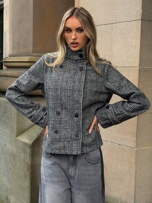 Aloruh Women's Autumn/Winter Double-Breasted Textured Fabric Regular Jacket,New Fall Styles - Grey - View 4