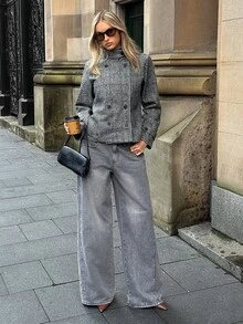 Aloruh Women's Autumn/Winter Double-Breasted Textured Fabric Regular Jacket,New Fall Styles - Grey - View 6
