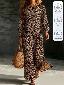 Omancia Gaun Wanita Motif Leopard Terbaru Musim Gugur/Dingin - Khaki - View 1