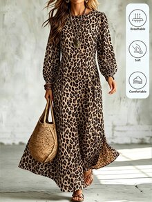 Omancia Gaun Wanita Motif Leopard Terbaru Musim Gugur/Dingin - Khaki - View 3