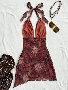 SHEIN ICON Sexy Retro Halter V-Neck Tie Paisley Print Mesh Ruched Asymmetric Hem Romantic Mini Dress, Resort Wear - Multicolor - View 2