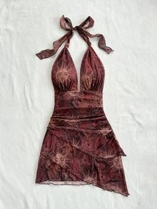 SHEIN ICON Sexy Retro Halter V-Neck Tie Paisley Print Mesh Ruched Asymmetric Hem Romantic Mini Dress, Resort Wear - Multicolor - View 4