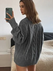 DAZY 女式 V 领粗针织毛衣，刺绣领口设计，宽松版型，秋冬 - 灰色 - 查看 2