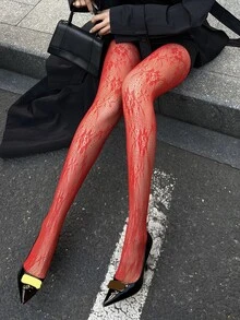 DAZY 女士性感红色蕾丝透视打底裤 Y2k - 紅色 - 查看 1