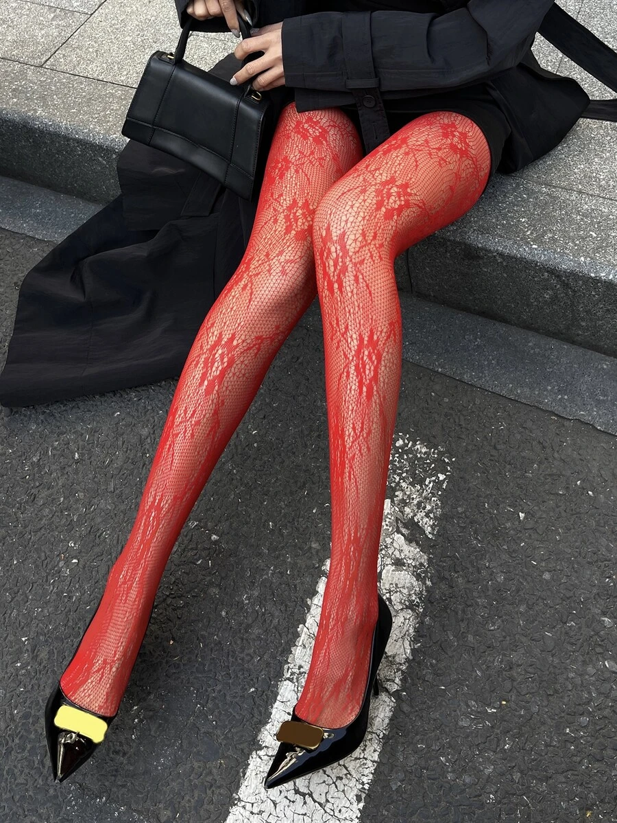DAZY 女士性感红色蕾丝透视打底裤 Y2k - 紅色 - 查看 1