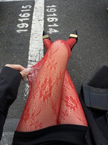 DAZY 女士性感红色蕾丝透视打底裤 Y2k - 紅色 - 查看 5
