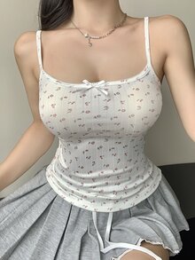 DAZY 休闲夏季碎花蝴蝶结装饰吊带背心波西米亚风度假装扮女装 - 粉色 - 查看 2