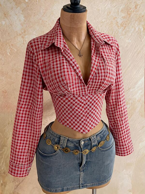 Soleia Sweet Cool Y2K Red Plaid Lace-Up Waist-Cinching Cropped Shirt Women's Vintage Sexy Exposed Cinched Waist Long Sleeve Top