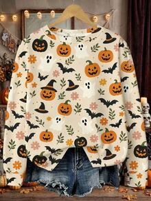 EMERY ROSE Halloween Pumpkin & Bat Print Plus Size Casual Sweatshirt Winter - Multicolor - View 7