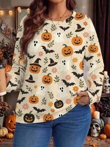 EMERY ROSE Halloween Pumpkin & Bat Print Plus Size Casual Sweatshirt Winter - Multicolor - View 1