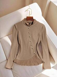 Franclia Women's Solid Color Elegant Contrast Color Long Sleeve T-Shirt, Autumn - Khaki - View 3