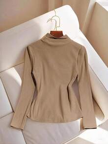 Franclia Women's Solid Color Elegant Contrast Color Long Sleeve T-Shirt, Autumn - Khaki - View 4