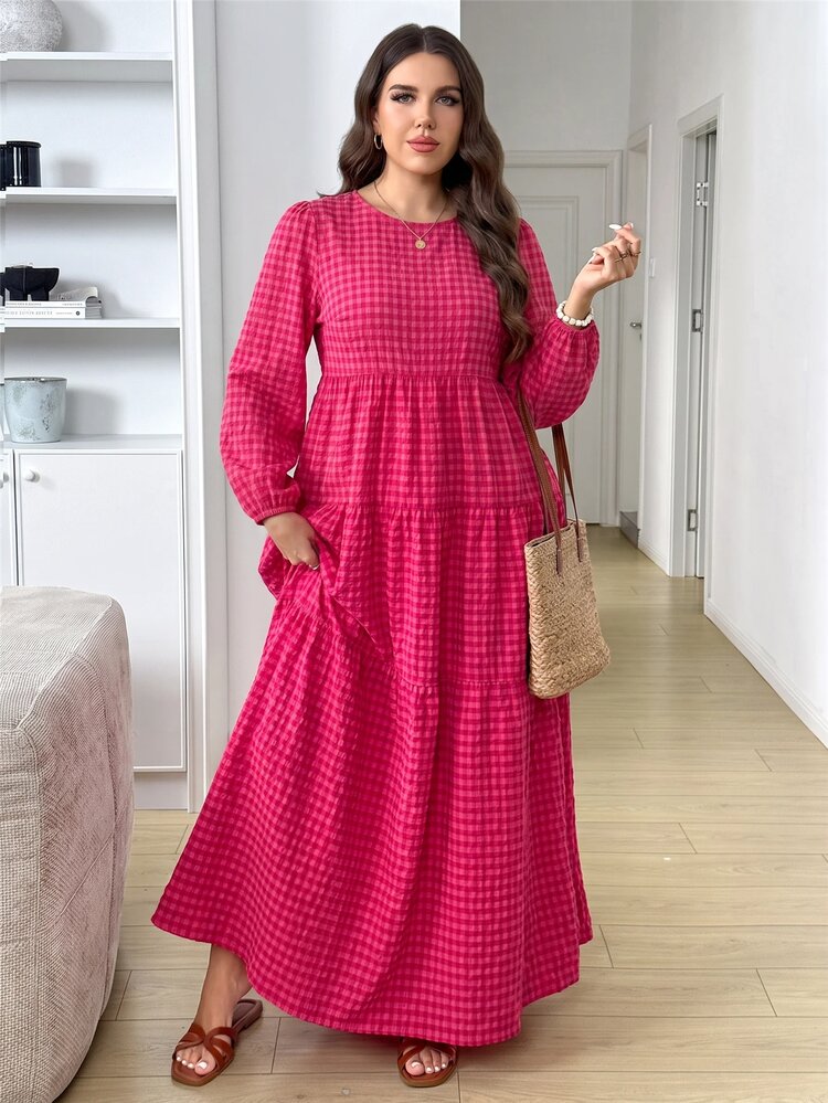 Easowa Curve Plus Size Casual Plaid Dress Fall - Red - View 7