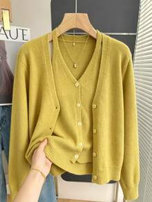 Lalippa Women's Solid Color Halter Top And Long Sleeve Cardigan Casual Knit Set - Yellow - View 3