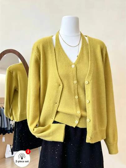 Lalippa Women's Solid Color Halter Top And Long Sleeve Cardigan Casual Knit Set