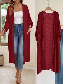 Rosumi Plus Size Women's Solid Color Casual Smart Versatile Daily Wear Long Sleeve Maxi Robe Autumn - Redwood - View 9