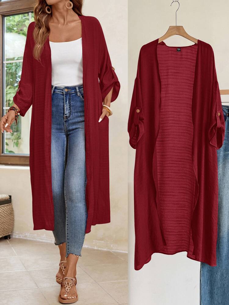 Rosumi Plus Size Women's Solid Color Casual Smart Versatile Daily Wear Long Sleeve Maxi Robe Autumn - Redwood - View 9