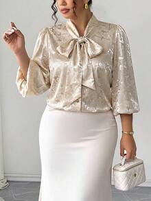 Elenzga Plus Size Contrast Color Polka Dot Print Bow Collar Lantern Sleeve Long Sleeve Button-Up Fitted Casual Commute Elegant Party Gathering Blouse Fall - Apricot - View 9