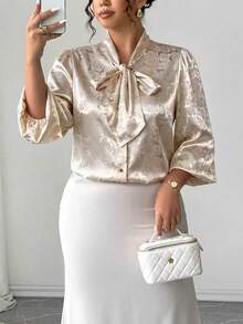 Elenzga Plus Size Contrast Color Polka Dot Print Bow Collar Lantern Sleeve Long Sleeve Button-Up Fitted Casual Commute Elegant Party Gathering Blouse Fall - Apricot - View 8