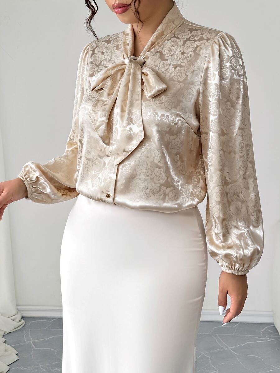 Elenzga Plus Size Contrast Color Polka Dot Print Bow Collar Lantern Sleeve Long Sleeve Button-Up Fitted Casual Commute Elegant Party Gathering Blouse Fall - Apricot - View 1