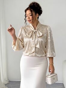 Elenzga Plus Size Contrast Color Polka Dot Print Bow Collar Lantern Sleeve Long Sleeve Button-Up Fitted Casual Commute Elegant Party Gathering Blouse Fall - Apricot - View 5