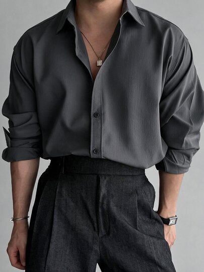 Manfinity Hypemode Men's Versatile Button-Up Textured Business Casual Shirt Office Work Dark Grey Autumn