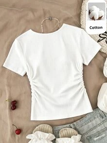 SHEIN Teen Girl Fashion Versatile Slim Fit Short Sleeve T-Shirt, Ruched Waist Design, Summer Style - White - View 2