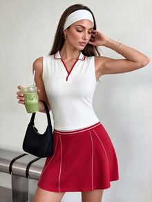 Pariaura 女款紅色滾邊對比色V領無袖針織 Polo 背心，休閒運動高爾夫網球 Polo 衫 - 白色 - 查看 4