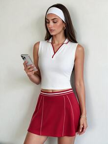Pariaura 女款紅色滾邊對比色V領無袖針織 Polo 背心，休閒運動高爾夫網球 Polo 衫 - 白色 - 查看 3