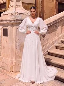 Glamrae Elegant Minimalist Chiffon Hand-Embroidered Pearl & Rhinestone Lantern Long Sleeve Round Neck Small A-Line Style, Suitable For Wedding Ceremony, Celebration, Red Carpet Event, Luxury Reception & Evening Party, Outdoor Forest Beach, Multi-Occasion Bridal Gown, Wedding Dress, Wedding Guest Dress, Long Robe Gown - White - View 7