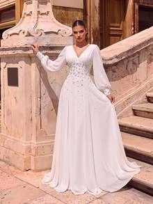 Glamrae Elegant Minimalist Chiffon Hand-Embroidered Pearl & Rhinestone Lantern Long Sleeve Round Neck Small A-Line Style, Suitable For Wedding Ceremony, Celebration, Red Carpet Event, Luxury Reception & Evening Party, Outdoor Forest Beach, Multi-Occasion Bridal Gown, Wedding Dress, Wedding Guest Dress, Long Robe Gown - White - View 2