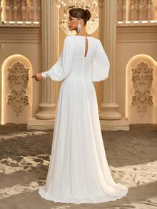 Glamrae Elegant Minimalist Chiffon Hand-Embroidered Pearl & Rhinestone Lantern Long Sleeve Round Neck Small A-Line Style, Suitable For Wedding Ceremony, Celebration, Red Carpet Event, Luxury Reception & Evening Party, Outdoor Forest Beach, Multi-Occasion Bridal Gown, Wedding Dress, Wedding Guest Dress, Long Robe Gown - White - View 5