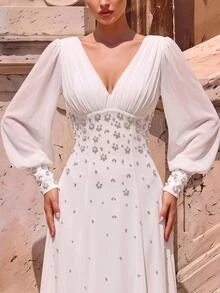 Glamrae Elegant Minimalist Chiffon Hand-Embroidered Pearl & Rhinestone Lantern Long Sleeve Round Neck Small A-Line Style, Suitable For Wedding Ceremony, Celebration, Red Carpet Event, Luxury Reception & Evening Party, Outdoor Forest Beach, Multi-Occasion Bridal Gown, Wedding Dress, Wedding Guest Dress, Long Robe Gown - White - View 4