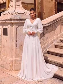 Glamrae Elegant Minimalist Chiffon Hand-Embroidered Pearl & Rhinestone Lantern Long Sleeve Round Neck Small A-Line Style, Suitable For Wedding Ceremony, Celebration, Red Carpet Event, Luxury Reception & Evening Party, Outdoor Forest Beach, Multi-Occasion Bridal Gown, Wedding Dress, Wedding Guest Dress, Long Robe Gown - White - View 6