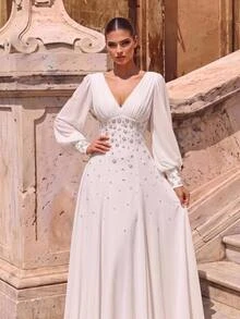 Glamrae Elegant Minimalist Chiffon Hand-Embroidered Pearl & Rhinestone Lantern Long Sleeve Round Neck Small A-Line Style, Suitable For Wedding Ceremony, Celebration, Red Carpet Event, Luxury Reception & Evening Party, Outdoor Forest Beach, Multi-Occasion Bridal Gown, Wedding Dress, Wedding Guest Dress, Long Robe Gown - White - View 3