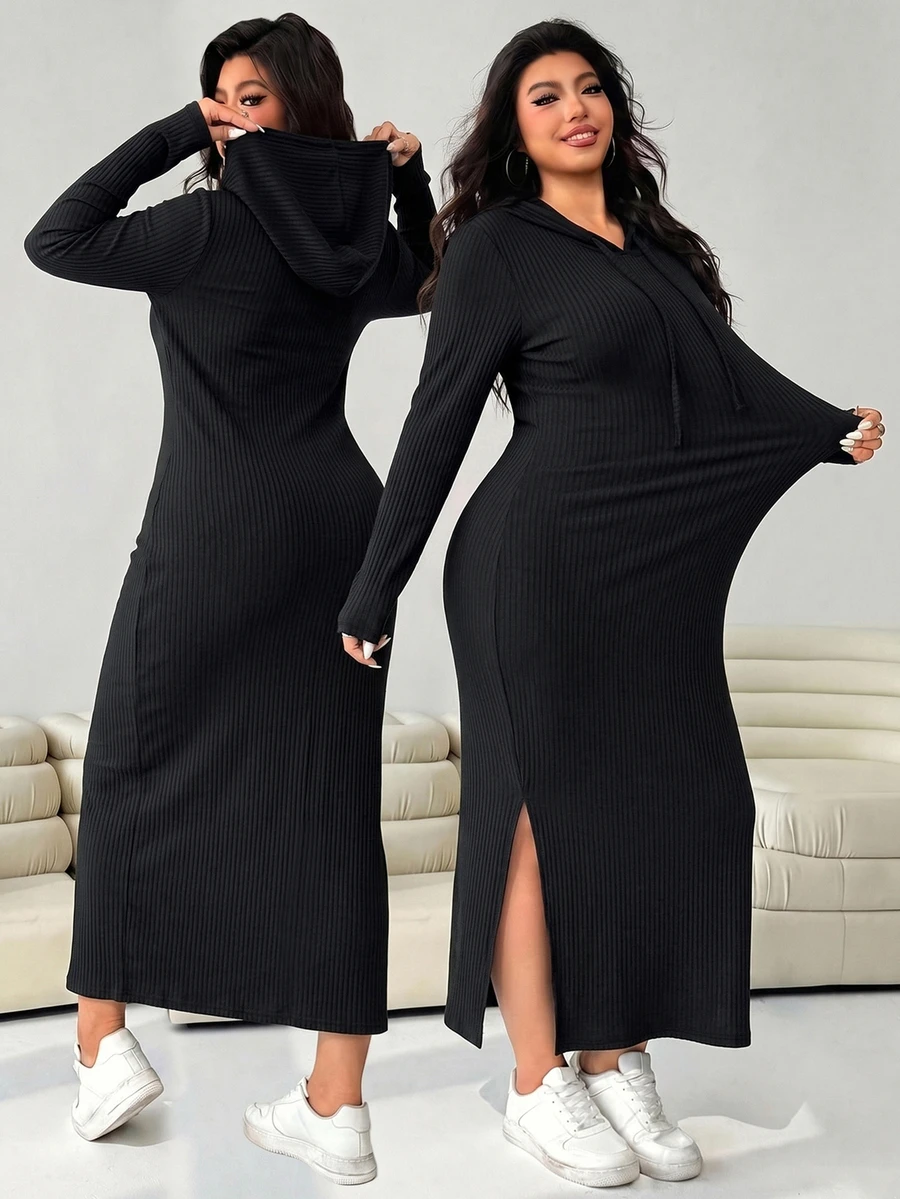 Solflare Plus Size Women's Solid Color Long Sleeve Casual Drawstring Hooded Dress - Black - View 1